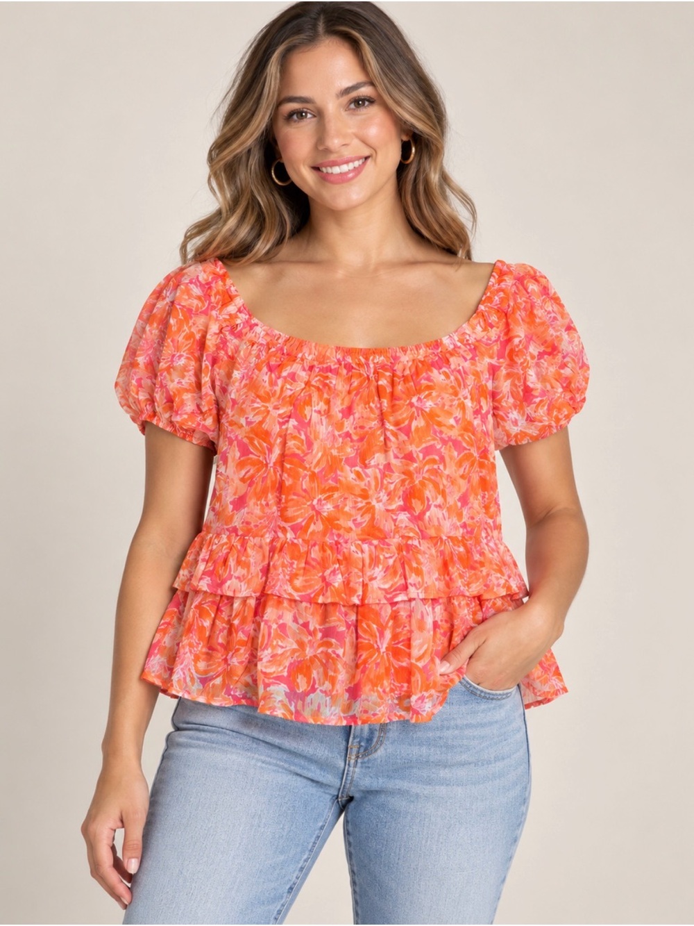 NWT Floral Puff Sleeve Ruffle Top - Orange Pink
